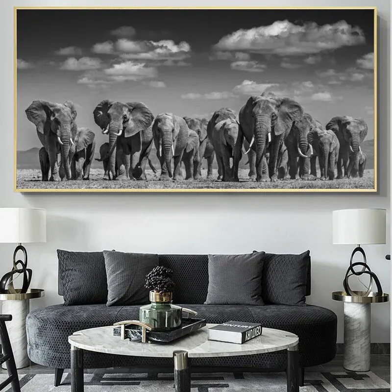 Tableau Troupeau d'Elephant Noir et Blanc – Image 3