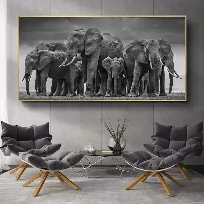 Tableau Troupeau d'Elephant Noir et Blanc