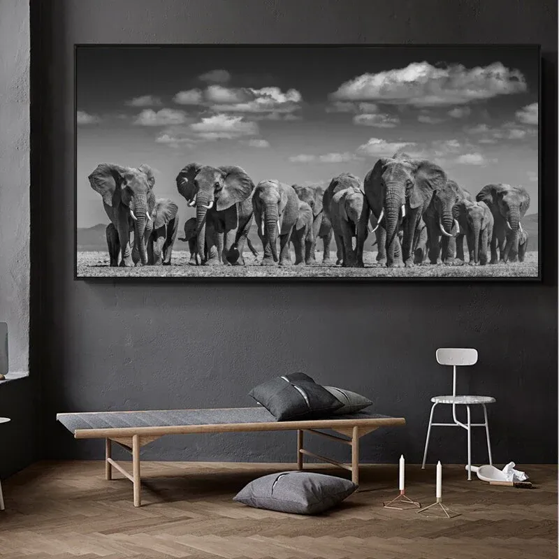 Tableau Troupeau d'Elephant Noir et Blanc – Image 2
