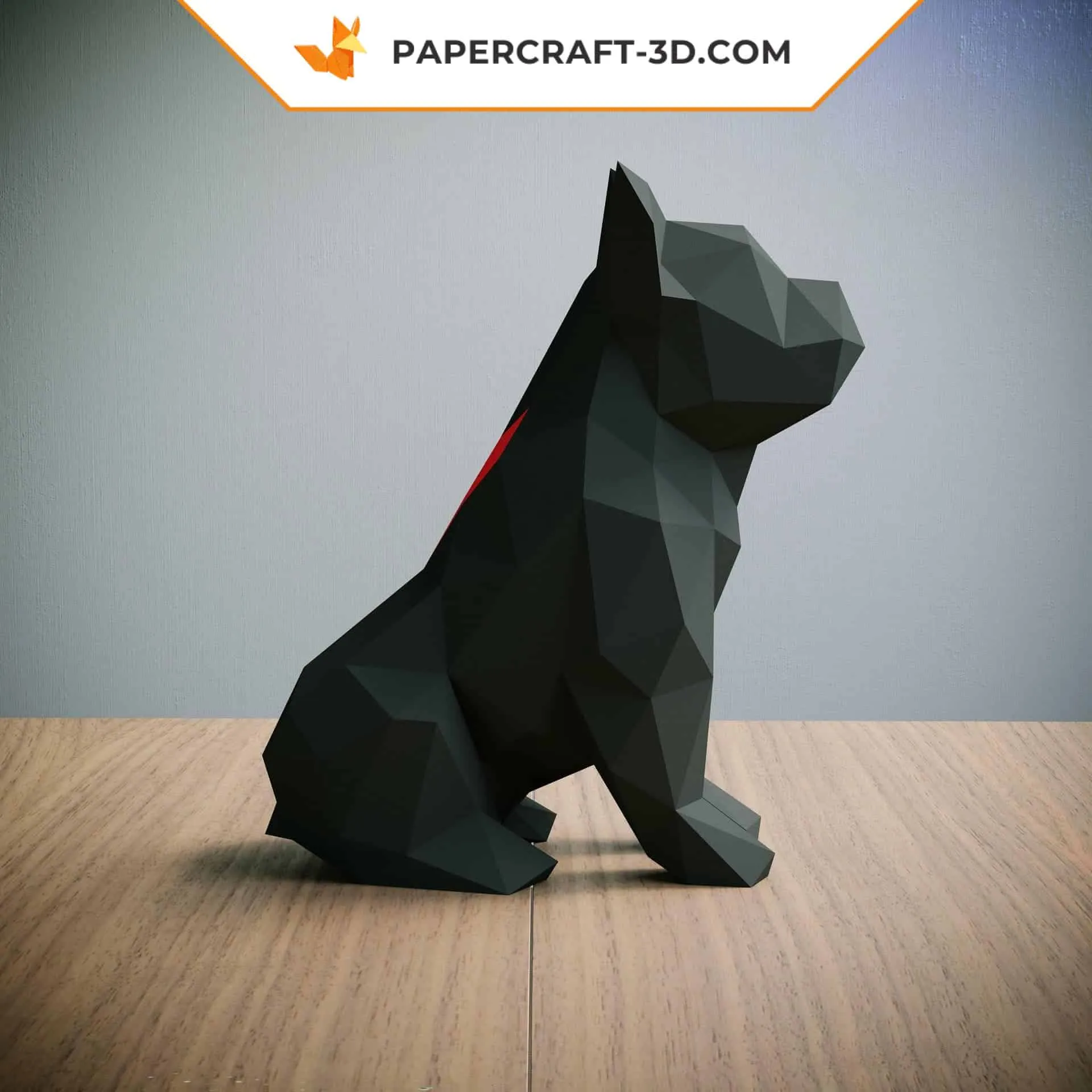 Papercraft bouledogue françai noir assis en origami 3D – Image 2