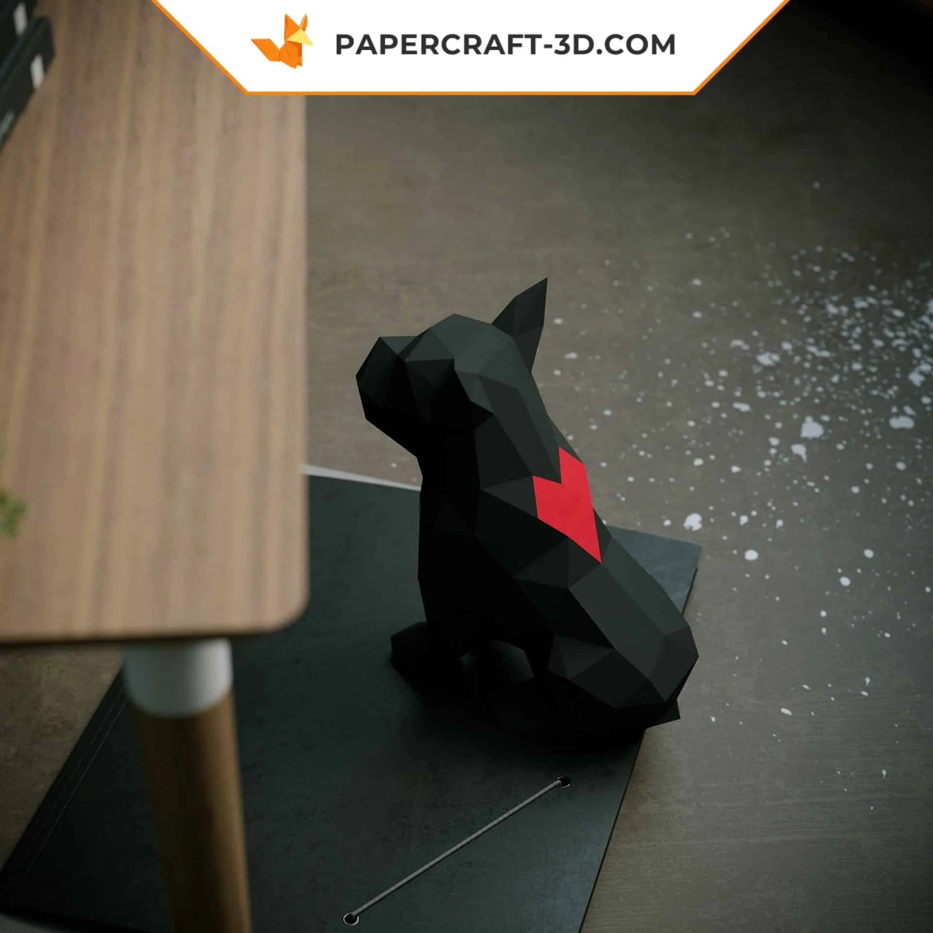 Papercraft bouledogue françai noir assis en origami 3D – Image 6